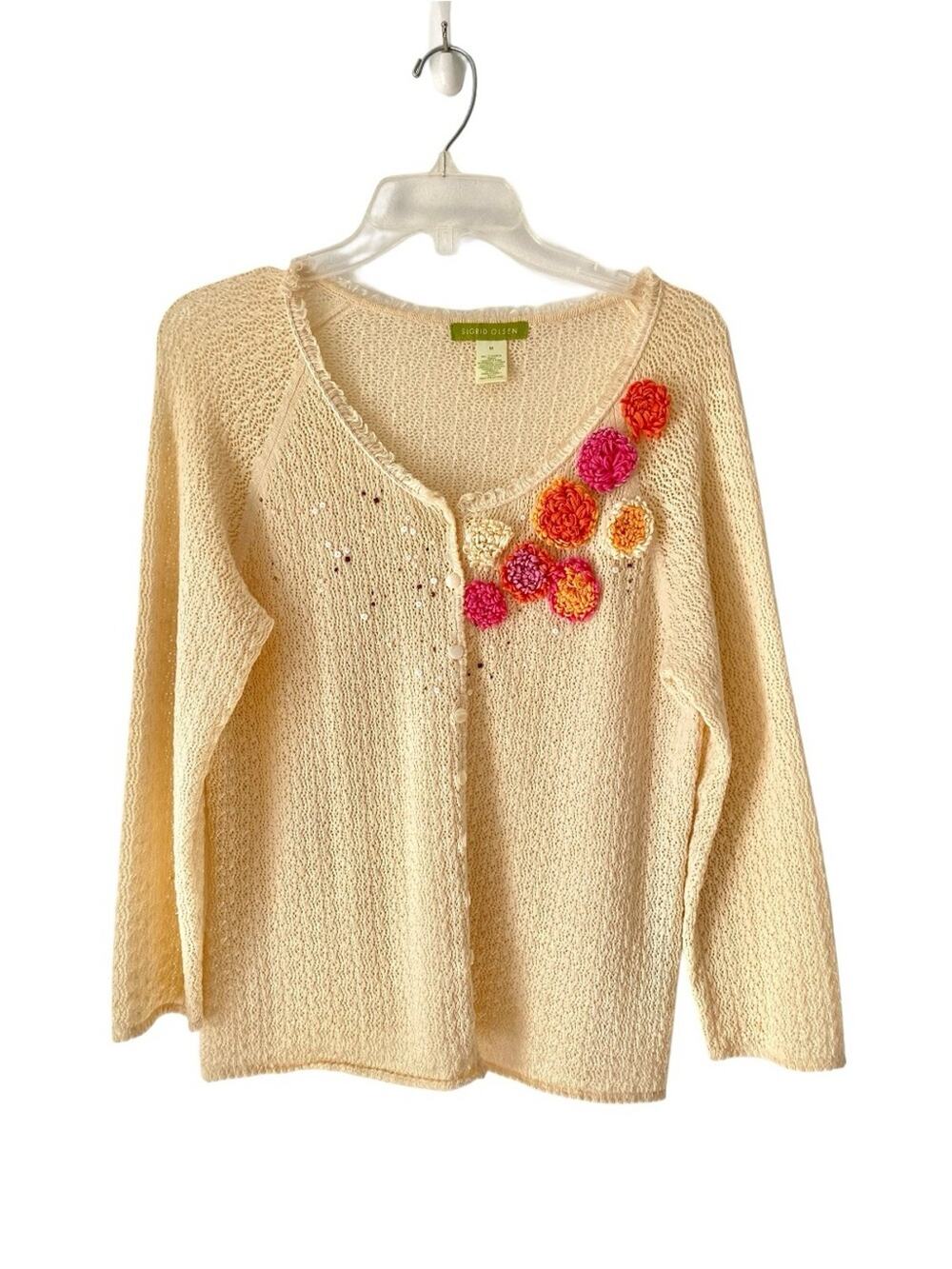 Vintage Sigrid Olsen Linen Blend Crochet Flower Cardigan Cream Sweater medium